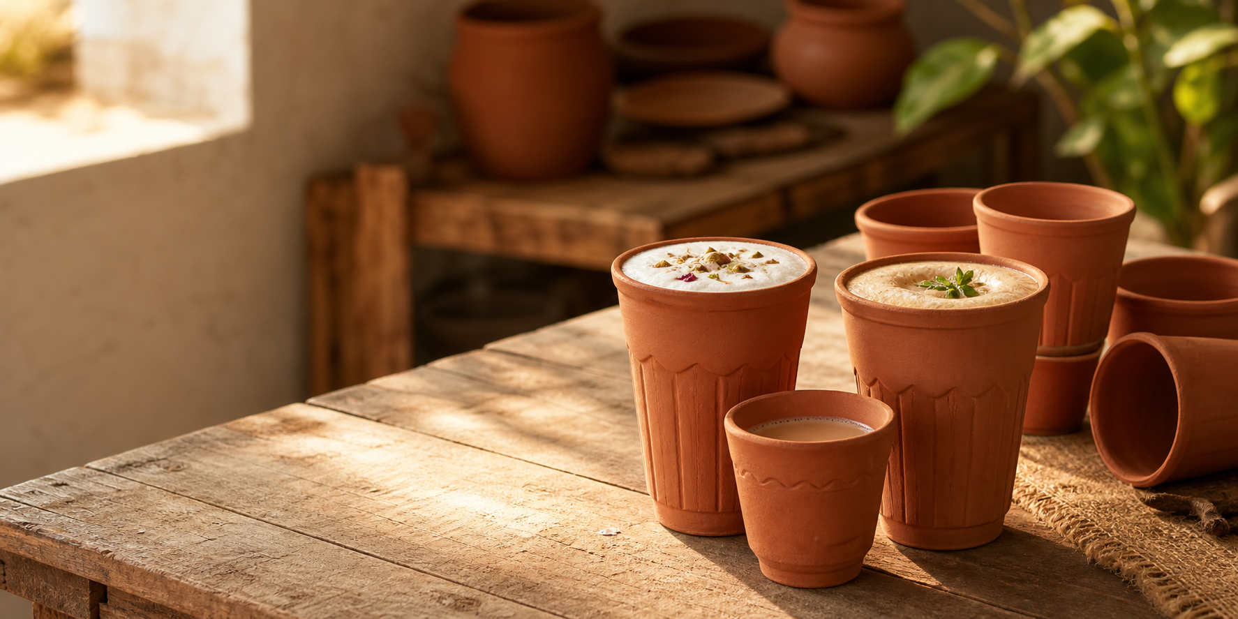 Handcrafted clay tea and lassi kulhads on an artisan table